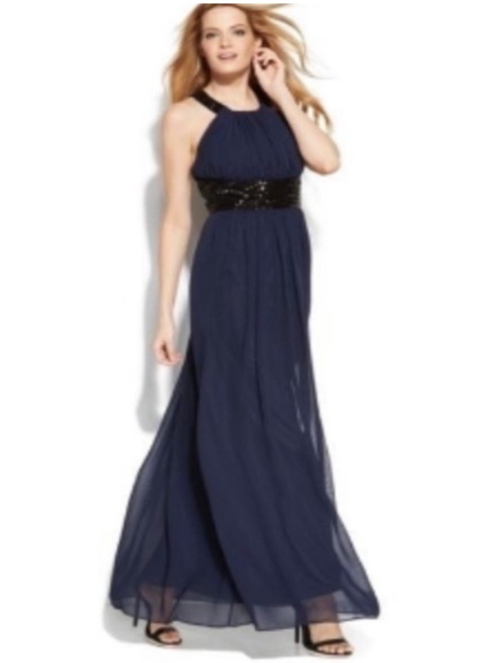 Calvin Klein Navy High Neck Evening Gown with Sequin Details